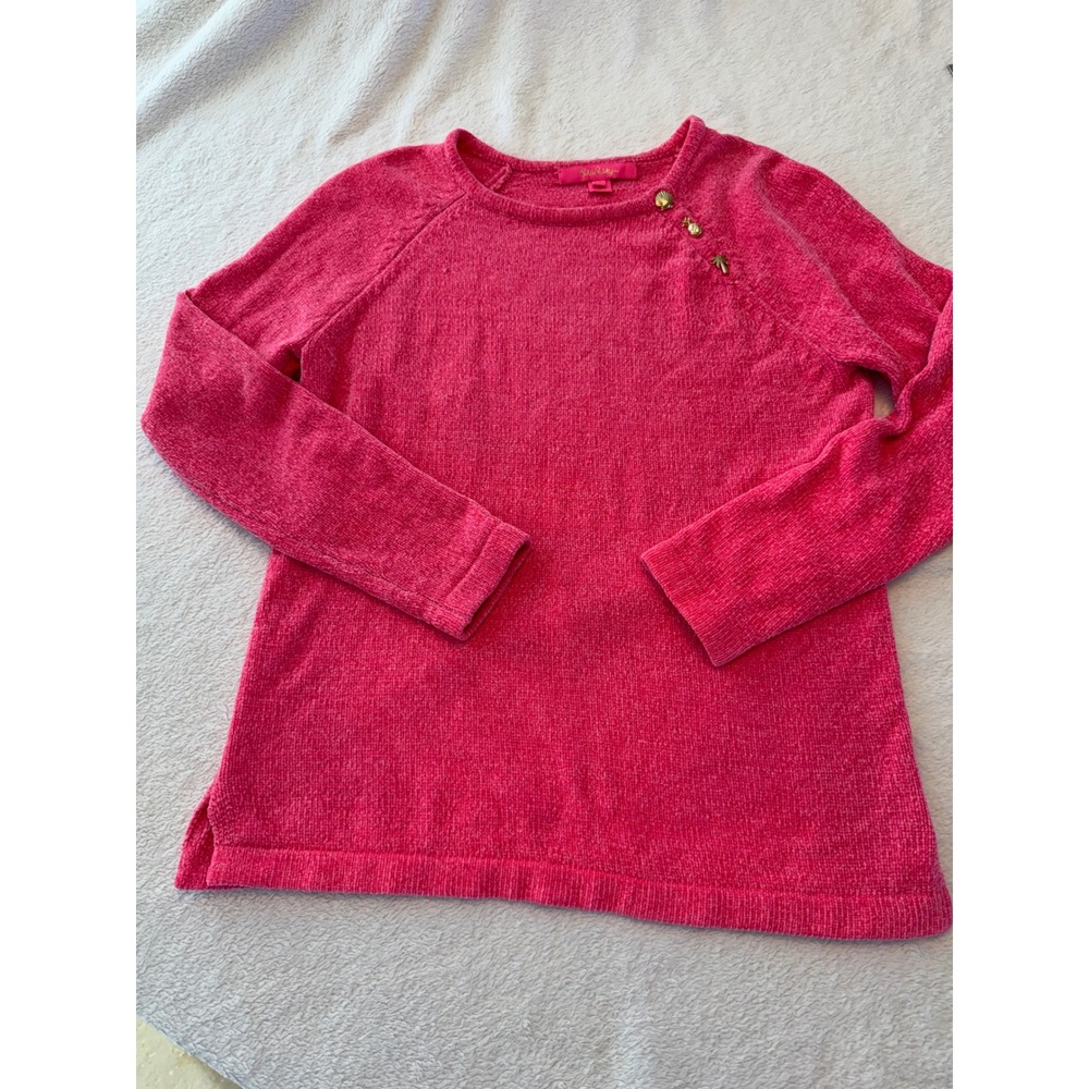 Lilly Pulitzer Pink Chenille Sweater Gold Button Shoulder Detail Small 007008